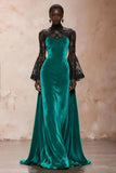Black Velvet Sheath High Neck Maxi Holiday Party Dress with Lace