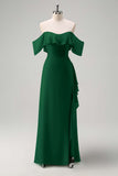 Light Green Ruffled Off The Shoulder Chiffon Bridesmaid Dress with Slit