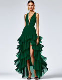 A Line Plum Sleeveless V-Neck Tiered Long Formal Dress with Slit