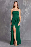 Black Sheath Satin Strapless Ruffled Maxi Formal Dress with Slit