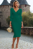 Midi Ivory V-Neck Bodycon Engagement Dress with Sleeves