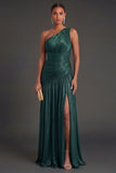 One Shoulder Gold Sheath Ruched Long Formal Dress with Slit