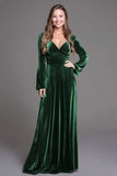 Burgundy A Line Velvet V-Neck Long Holiday Party Dress with Sleeves