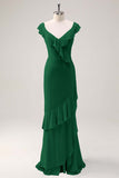Dusty Sage V-Neck Mermaid Chiffon Bridesmaid Dress with Ruffles