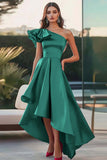 Fuchsia A Line Ruffled Satin Asymmetrical Formal Dress