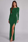Black Long Sleeves Backless Jersey Sheath Formal Dress with Slit