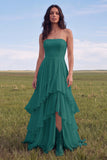 White Strapless A Line Swep Train Tiered Western Wedding Dress with Ruffles