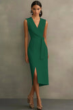 Dusty Rose V-Neck Sheath Tea Length Semi Formal Dress with Sash