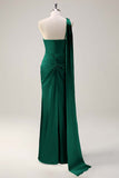 Sage One Shoulder Sheath Satin Watteau Train Bridesmaid Dress