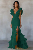 Yellow Chiffon V Neck Mermaid Ruffled Maxi Formal Dress with Slit