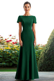Ink Blue Short Sleeves Satin Sheath Long Mother of the Bride Dress