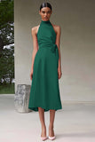 Pink Satin A Line Halter Tea Length Formal Dress