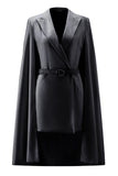 White Satin Peak Lapel Short Work Blazer Dress with Cape