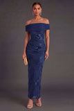 Blue Floral Sheath Appliqued Long Wedding Guest Dress
