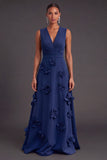Fuchsia and Orange Floral A Line V-Neck Long Formal Dress