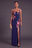 Black Floral Sheath Thick Straps Long Wedding Guest Dress with Slit