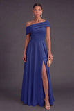Yellow Off the Shoulder A Line Long Wedding Guest Dress with Slit