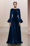 Dark Green Round Neck A Line Velvet Long Formal Dress with Sleeves