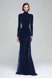 Black Mermaid Velvet High Neck Maxi Holiday Party Dress with Lace
