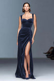 Dark Green Velvet Ruched Sheath Long Holiday Party Dress with Slit