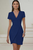 Ivory V-Neck Pleated Short Pencil Work Dress with Sleeves