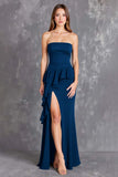 Black Sheath Satin Strapless Ruffled Maxi Formal Dress with Slit