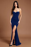 Black Sheath Satin Strapless Maxi Formal Dress with Slit