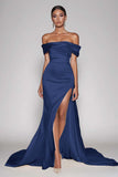Elegant Champagne Sheath Off the Shoulder Satin Maxi Prom Dress with Slit
