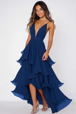 Red V-Neck A Line Long Chiffon Formal Dress with Ruffles