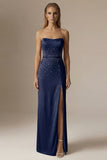 Sparkly Beaded Ivory Mermaid Strapless Maxi Wedding Reception Dress with Slit