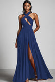 Black A Line Pleated Halter Cut Out Formal Dress with Slit
