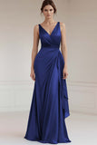 Sheath V-Neck Grey Blue Ruched Maxi Satin Formal Dress