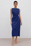 Orange Midi Bateau Neck Sleeveless Ruched Pencil Work Dress with Slit