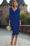 Midi Ivory V-Neck Bodycon Engagement Dress with Sleeves