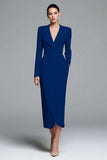 Simple Ivory Sheath Satin V-Neck Long Sleeves Work Dress