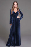 Burgundy A Line Velvet V-Neck Long Holiday Party Dress with Sleeves