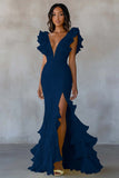 Yellow Chiffon V Neck Mermaid Ruffled Maxi Formal Dress with Slit