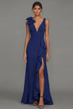 Dark Green Mermaid Ruffled V Neck Long Formal Dress with Slit