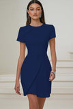 Dusty Blue Bodycon Short Pleated Work Dress with Sleeves