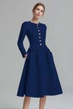 Tweed Ivory Long Sleeves A Line Midi Date Night Dress with Pockets