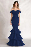 Black Ruffled Mermaid Off the Shoulder Long Formal Dress