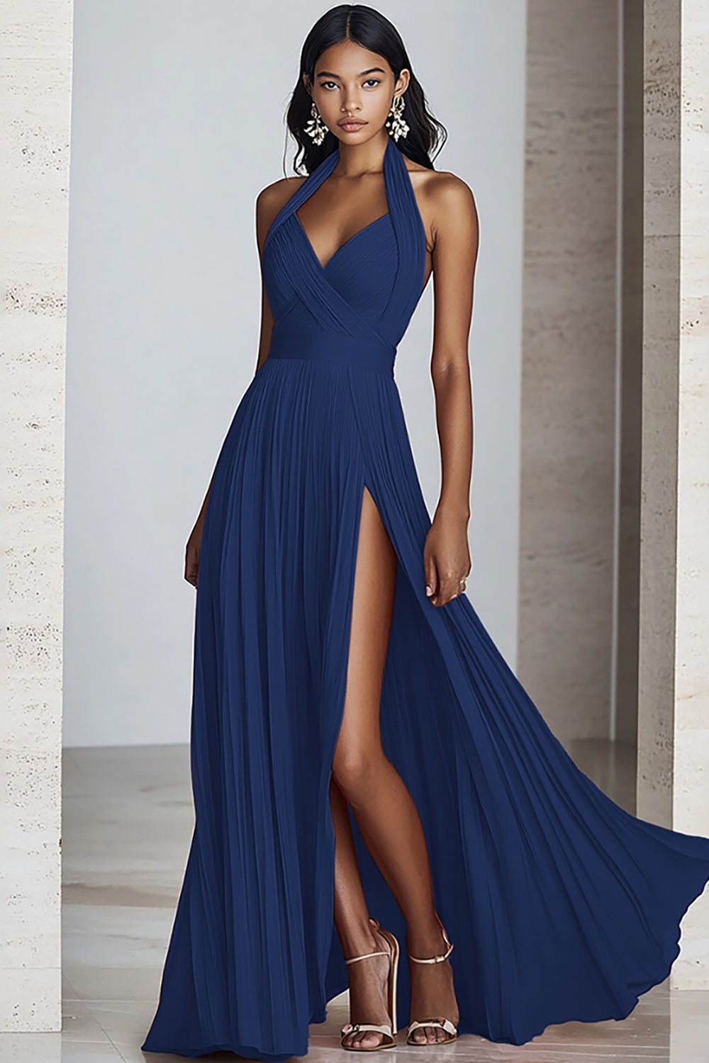Leely Women Black A Line Chiffon Maxi Formal Dress Halter Neck Pleated Sleeveless Long Black Tie Dress with Slit leelyuk Leely Women Black A Line Chiffon Maxi Formal Dress Halter Neck Pleated Sleeveless Long Black Tie Dress with Slit leelyuk
