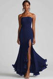 Royal Blue Strapless Sheath Maxi Chiffon Formal Dress with Slit
