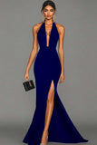 Dark Green Satin V-Neck Mermaid Long Formal Dress with Slit