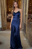Coffee Sheath Satin V-Neck Spaghetti Straps Long Formal Dress