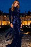 Black Velvet Mermaid Long Holiday Party Dress with Sash