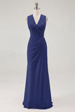 White Sheath V-Neck Ruched Maxi Chiffon Rehearsal Dinner Dress