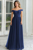 Navy Off the Shoulder Applique A-Line Chiffon Mother of the Bride Dress