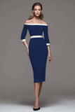 Black and White Patchwork Off the Shoulder Pencil Midi Work Dress with Sleeves