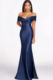 Dusty Blue Off the Shoulder Mermaid Maxi Formal Dress